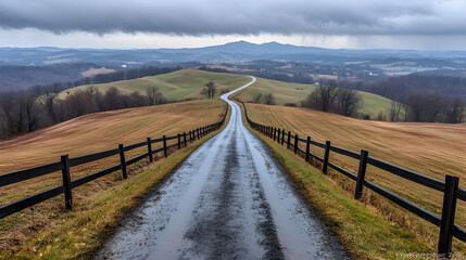 Fototapeta premium Winding country road, autumn landscape, hills, rain