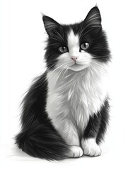 Fototapeta premium Adorable Black and White Cat with Fluffy Fur and Gentle Expression, Perfect for Animal Lovers and Pet Photography Enthusiasts