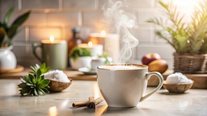 Fototapeta premium Warm beverage steaming in a mug amidst a calming home spa setting