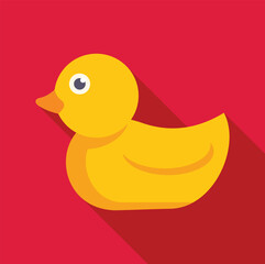 Cute yellow rubber duck floating serenely on a vibrant red background, creating a playful and nostalgic image