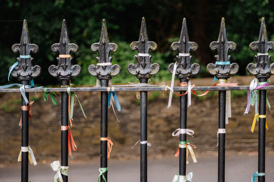 Memorial Gate Adorned with Prayer Ribbons