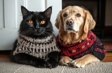 Adorable black cat and golden retriever dog in matching sweaters sitting together on a cozy rug in a warm and inviting living room setting