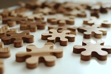 Wooden puzzle pieces scattered on white table