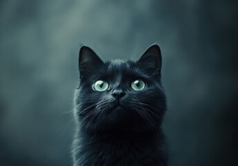 Adorable Black Cat with Striking Green Eyes Gazing Mysteriously Against a Dark Background in a Portrait Style Photograph