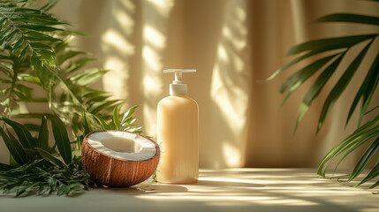 A versatile bottle for shampoo, conditioner, hygiene product with coconut on a simple background with natural light