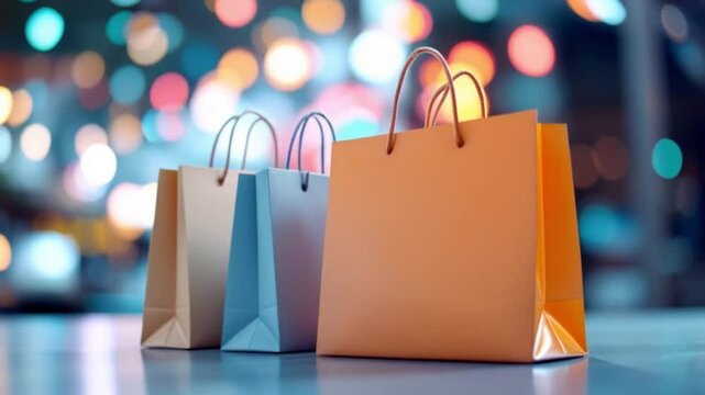 Close-up shot of three shopping bags with bokeh effect in the background