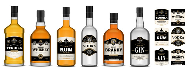 Vector alcoholic drink labels on bottles. Whiskey, vodka, tequila, rum, brandy and gin labels. Distilling business branding and identity design elements
