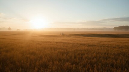 Obraz premium Golden Sunrise Over Tranquil Field with Light Mist and Horizon