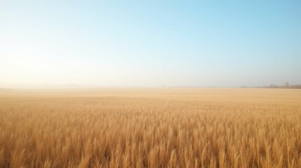 Obraz premium Expansive golden wheat field under clear blue sky at dawn