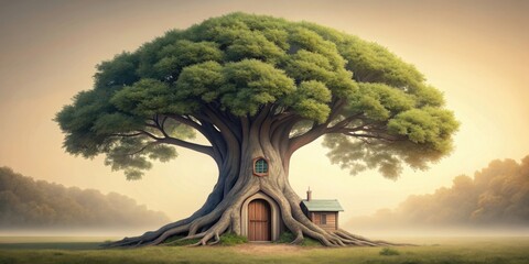 Enchanted Tree House in a Misty Meadow Landscape