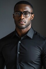 Obraz premium A person wearing glasses and a black shirt, suitable for business or formal occasions