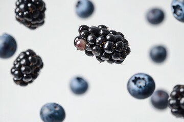 A cluster of blackberries suspended in mid-air, with some falling or about to fall