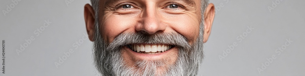 Poster a close-up shot of a man with a long beard, providing a unique perspective on facial features and te