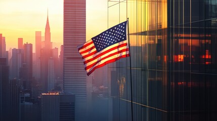 Large American flag waving outside a tall building