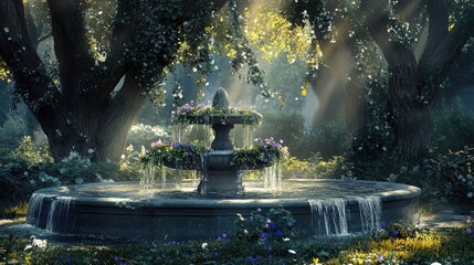 A peaceful composition of a garden fountain adorned with cascading ivy and small blooming violets under the dappled light of tall oak trees.
