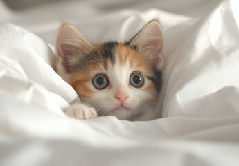 Naklejka premium Adorable Calico Kitten with Big Eyes Peeking from Soft White Blanket in Cozy Indoor Setting