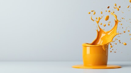 Orange liquid splashing from cup, grey background, vibrant color, advertisement