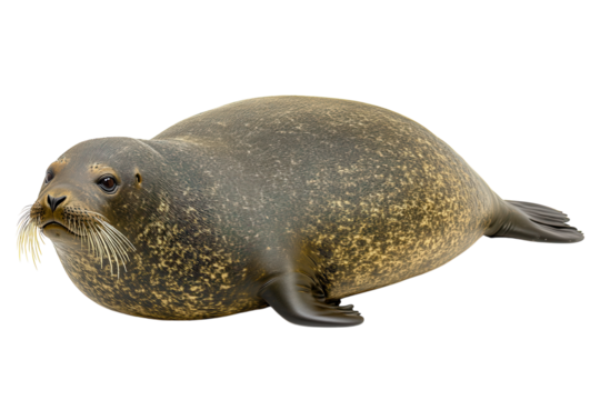 Seal with a plump, streamlined body covered in short, smooth gray fur.  PNG transparent.