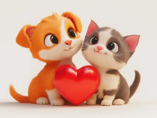 Obraz premium Adorable cartoon kitten and puppy sharing a red heart symbolizing love and friendship against a soft white background
