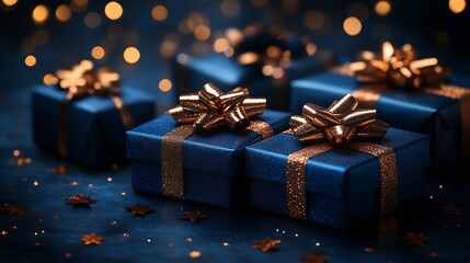 Elegant Blue Gifts With Golden Bows Sparkle