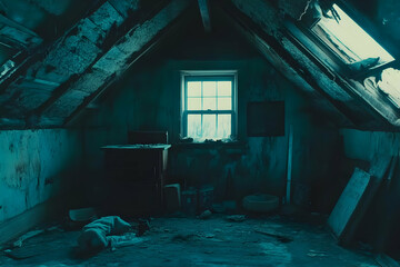 Abandoned attic room, winter light, decaying structure, forgotten items, eerie atmosphere