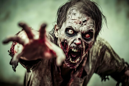 Zombie reaching, decayed skin, urban ruin, horror film