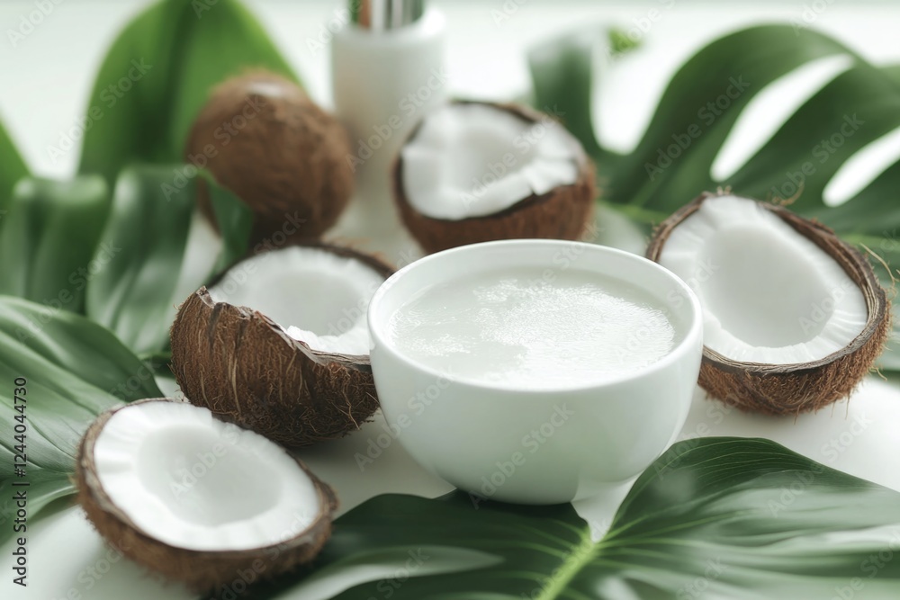 Poster a refreshing cup of coconut milk placed next to a bundle of fresh coconuts