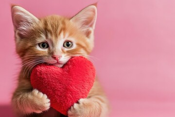 A cute kitten holding a red heart on a pink background