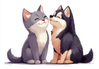 Adorable cat and dog duo sharing a gentle moment of friendship and affection in a colorful, cheerful illustration perfect for pet lovers and animal enthusiasts.