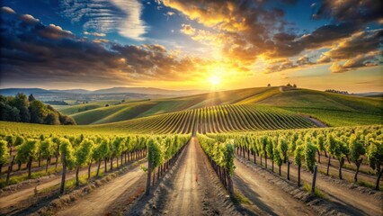Fototapeta premium Sunset Serenity Rolling Vineyard Hills and a Dirt Road at Golden Hour