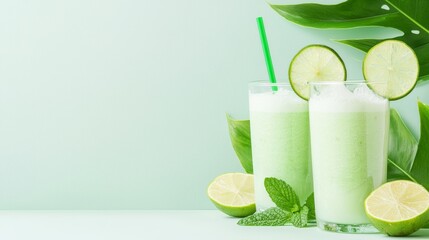 Fototapeta premium Refreshing lime smoothies in tall glasses with mint and lime slices, set against a light green background with tropical leaves.