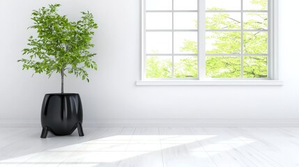 Black plant in a black pot sits in front of a window