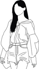 Line art illustration of a casually dressed woman in denim shorts and a shirt, featuring clean and minimalistic styling, suitable for fashion, illustration, or artistic graphic design purposes.