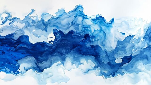 Dynamic flowing blue ink waves transforming on white surface