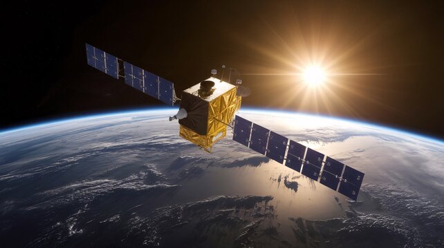 A satellite hovers in low Earth orbit, its solar panels catching sunlight as the sun rises over the horizon, illuminating parts of the planet below and the ocean.