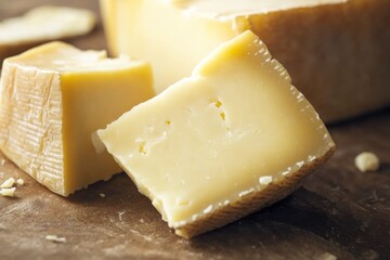 A slice of cheese sits atop a rustic wooden table, awaiting use or consumption