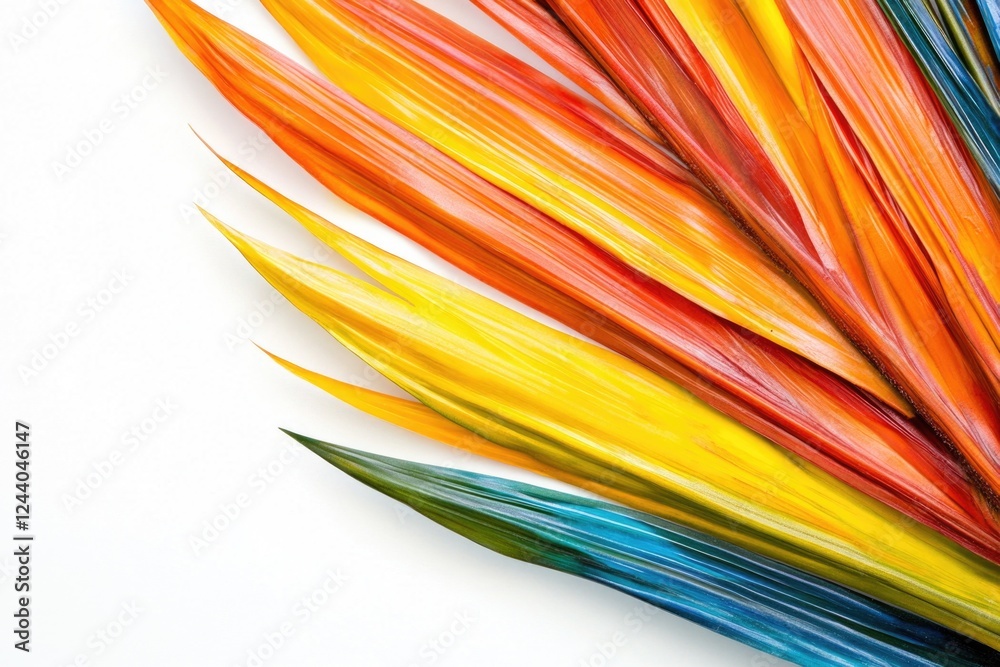 Poster A close-up view of a vibrant feather on a white background, suitable for use in designs where texture and color are key