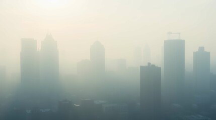 Fototapeta premium Urban Skyline Shrouded in Fog and Mist at Sunrise in Cityscape