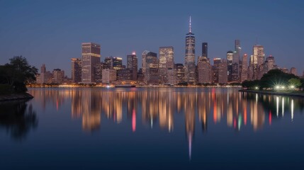 Obraz premium City skyline at twilight with reflections on calm water surface