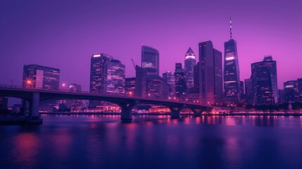 Obraz premium Purple Cityscape at Dusk with Bridge Over Water Reflection