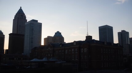 Fototapeta premium Urban Skyline at Dusk with Historical Building in Foreground