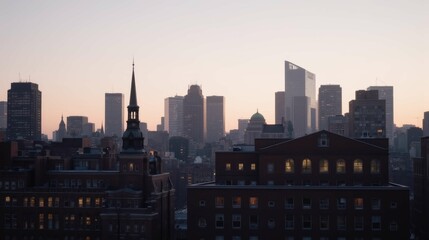 Urban skyline view at dusk with historic and modern buildings