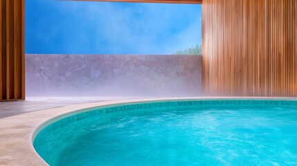 Fototapeta premium Relaxing outdoor hot tub with turquoise water, surrounded by beige stone and warm wood. Steam rises, creating a tranquil atmosphere.