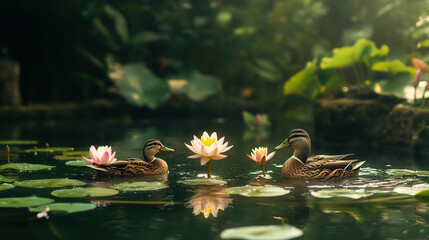 Ducks Swimming Amidst Blooming Water Lilies in a Lush Green Pond
