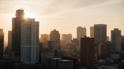 Sunset Over City Skyline with Tall Buildings and Urban Landscape