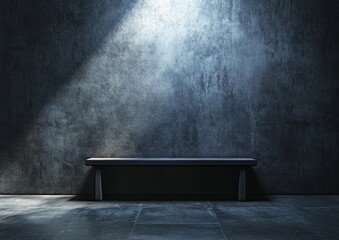 Dark room with spotlight on empty bench.