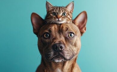 Obraz premium Adorable Cat Resting on Top of a Playful Dog, Showcasing the Unlikely Friendship Between Two Beloved Pet Companions Against a Soft Teal Background