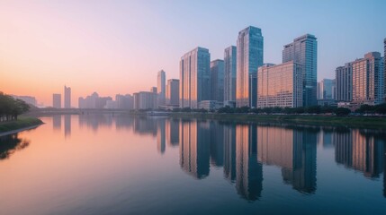 Fototapeta premium Serene Urban Landscape at Dusk with City Reflections in Water