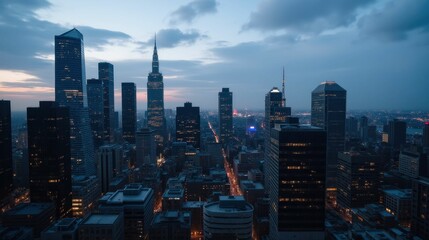 Obraz premium Twilight Cityscape of Skyscrapers and Urban Lights in New York