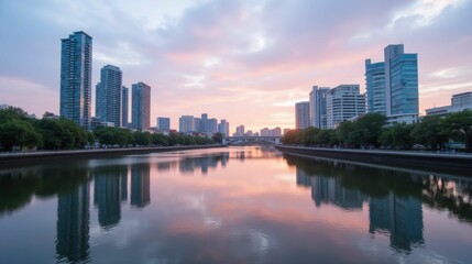 Naklejka premium Serene Cityscape with Reflections at Sunset Over Calm Water